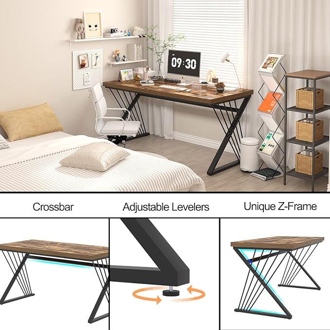 FOLUBAN Home Office Desk, Modern Wood and Metal Computer Desk, Simple Writing Work PC Desks for Bedroom, Industrial Study Gaming Table for Living Room, Rustic Brown, 53 Inch