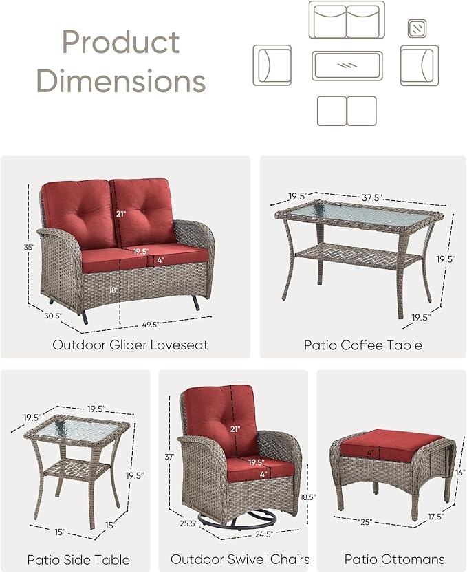 HUMMUH 7 Pieces Wicker Patio Conversation Set Outdoor Glider Loveseat with Patio Swivel Rocking Chairs Outdoor Patio Set for Deck Lawn Porch Balcony Poolside-Grey/Red