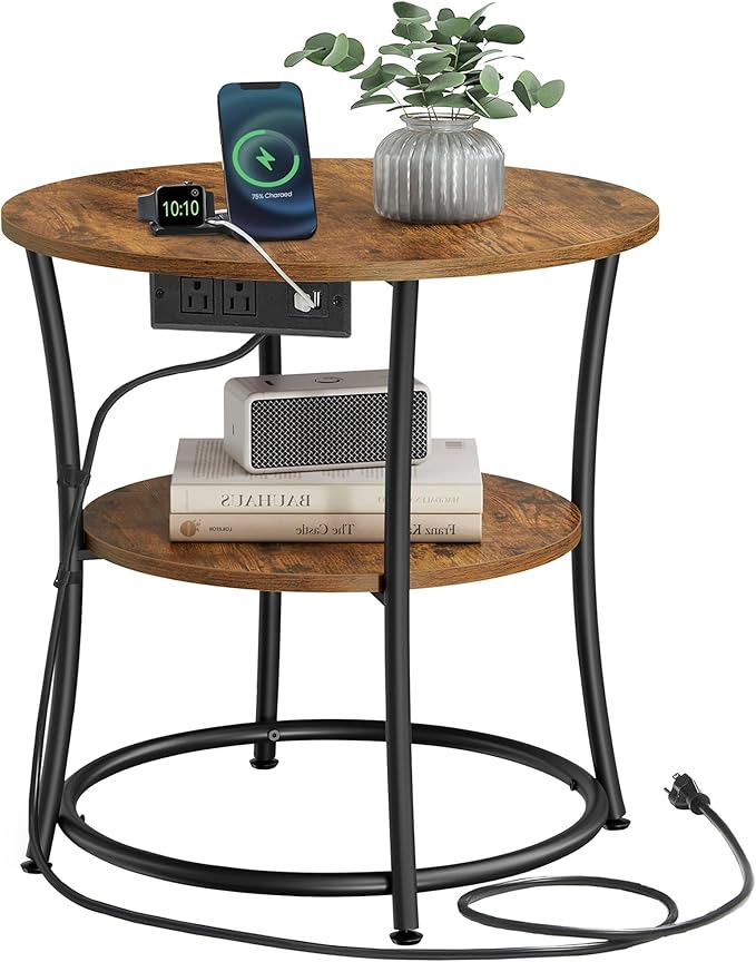 VASAGLE Side Table, 2-Tier Round End Table with Power Outlets, Nightstand with Steel Frame for Small Spaces, Living Room, Bedroom, Rustic Brown and Ink Black ULET077K01