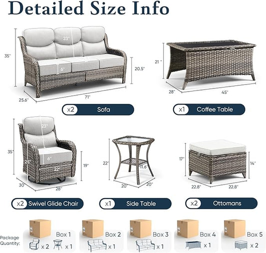Belord Luxury 6" Thick Cushioned 8 Pieces Patio Furniture Set with Outdoor Couch, Wicker Outdoor Conversation Set with High Back Swivel Rocker Chairs for Deck Porch Yard and Poolside - Grey+Beige