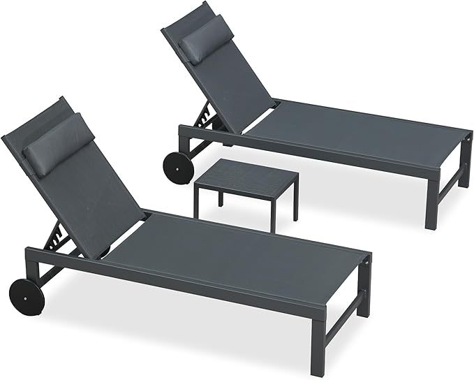 PURPLE LEAF Patio Lounge Chair Set of 3 Outdoor Chaise Lounger Aluminum Frame with Side Table and Wheels for Pool Outside Sunbathing Tanning Recliner Including Pillows Gray