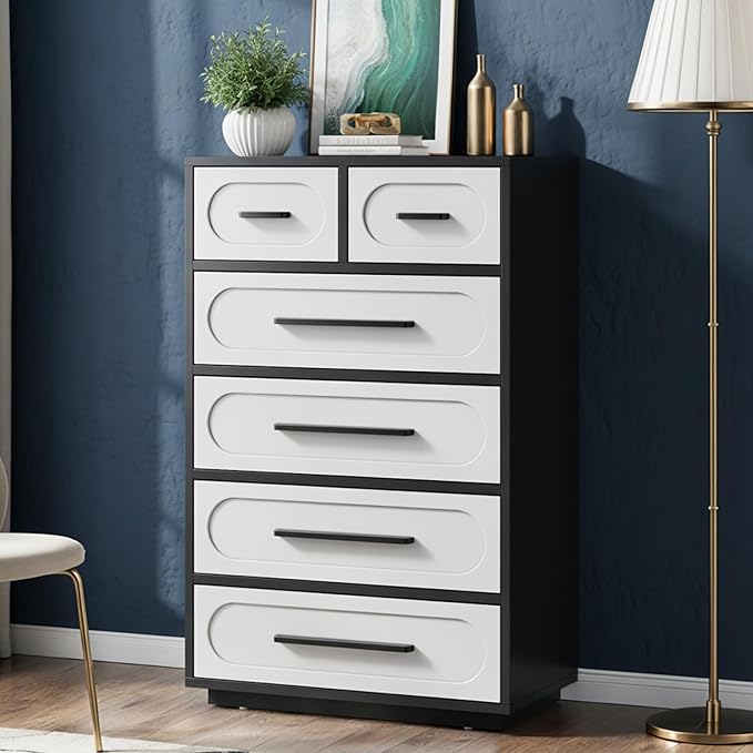 Dresser for Bedroom, 44" Tall Dressers & Chests of Drawers w/Solid Wood Handle, Wood Mid Century Closet Organizers and Storage Cabinet for Bedroom, Living Room, Hallway, Black/White