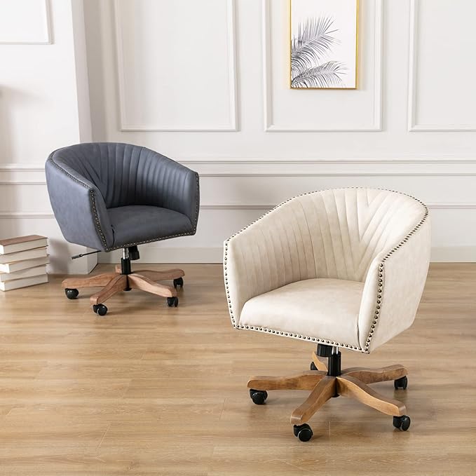 Beige Faux Leather Home Office Desk Chair, Upholstered Barrel Swivel Adjustable Arm Desk Chair with Nailheads, Comfy Mid-Back Study Chair with Silent Wheel for Study Office Computer