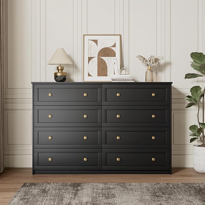 8 Drawer Double Dresser for Bedroom, 55.1" Wide Black Dressers & Chests of Drawers with Large Capacity Storage,White Dresser for Bedroom, Hallway
