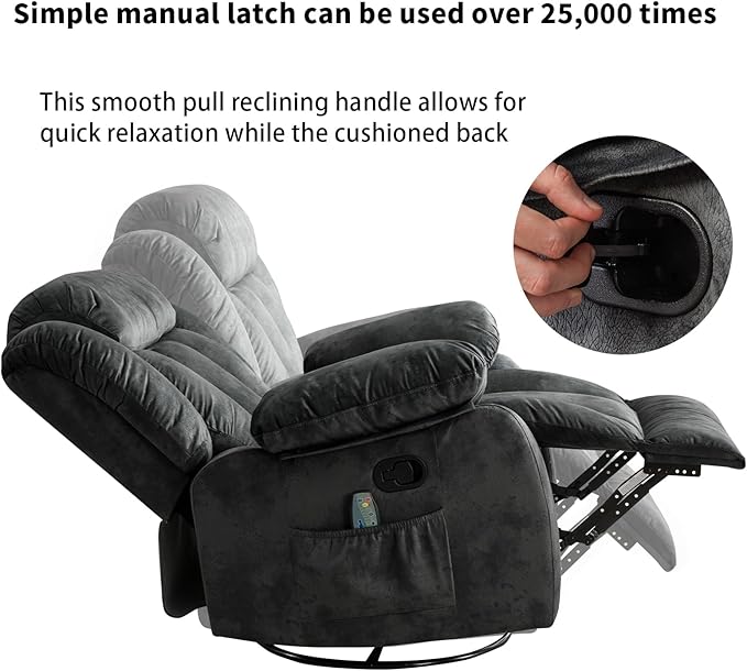 CANMOV Massage Swivel Rocker Recliner Chair with Heat and Vibration, 360 Degree Swivel Manual Recliners Antiskid Fabric Single Sofa Heavy Duty Reclining Chair for Living Room, Grey Green