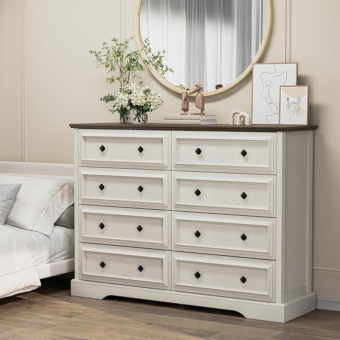 Farmhouse 8 Drawer Dresser for Bedroom, 54" Wide Wood Dresser with Natural Texture, Vintage Metal Double Hand Knobs, Rustic Chest of Drawers for Bedroom, Living Room, Hallway, Antique White