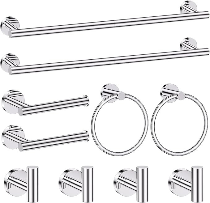 Chrome Bathroom Hardware Set,10 Pieces Towel Bar Towel Holder Set Includes Towel Bar, Toilet Paper Holder,Towel Ring and Towel Hook Wall Mount Bathroom Accessories Towel Racks for Bathroom