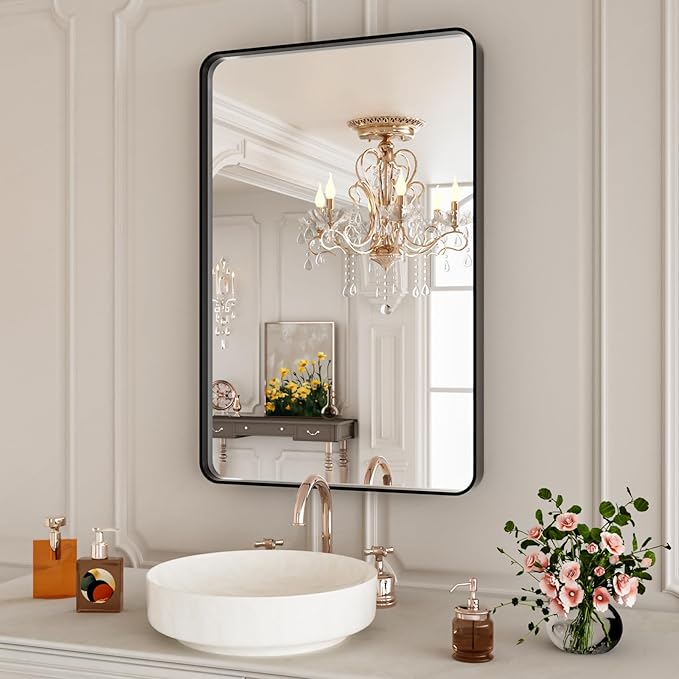 Black Bathroom Mirror 20x30 Inch,Bathroom Vanity Mirror for Wall,Rectangular Round Corner Black Metal Framed Mirror(Horizontal/Vertical)