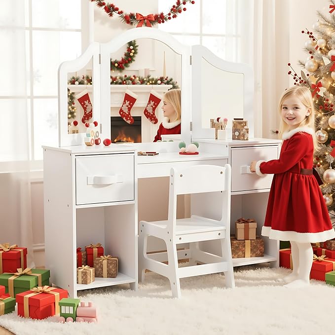 Arlopu Kids Vanity Set, 2 in 1 Toddler Makeup Dressing Table and Chair Set w/Detachable Tri-fold Mirror, Open Shelves, Princess Wooden Pretend Play Desk Furniture Toy for Little Girl (White)