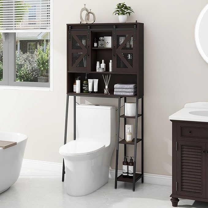 Over The Toilet Storage Cabinet, Farmhouse Storage Cabinet Over Toilet with 2 Sliding Barn Door,Home Space-Saving Toilet Rack, for Bathroom, Restroom, Laundry,Espresso
