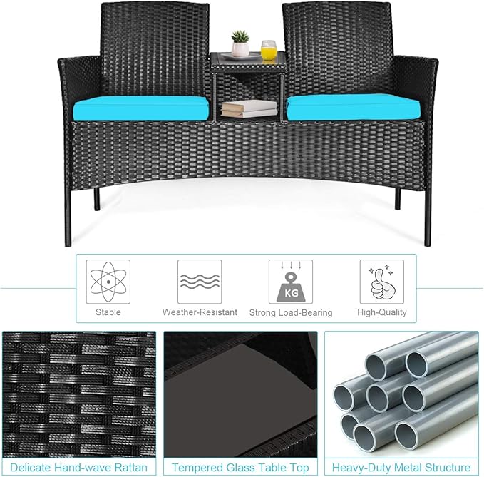 COSTWAY 2-Seat Patio Conversation Sets, Outdoor Patio Loveseat Set with Removable Cushions & Built-in Coffee Table for Backyard, Garden, Lawn, Balcony, Black+Turquoise