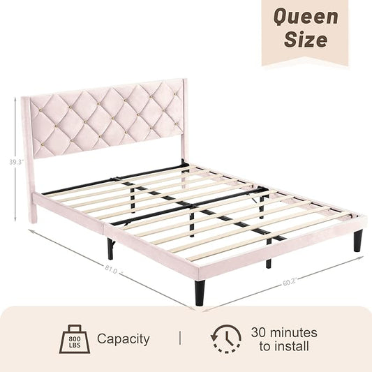 Queen Size Platform Bed Frame with Velvet Upholstered Headboard and Sturdy Wooden Slats Support,Mattress Foundation,Easy Assembly, No Box Spring Needed,Slip Resistant (Pink, Queen)