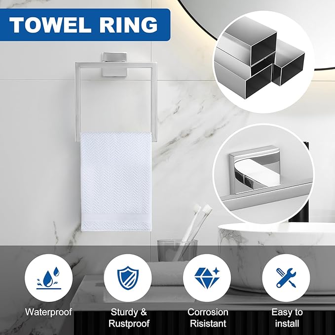Cilee 15-Pieces Bathroom Hardware Set - Polished Chrome Bathroom Accessories, 24 Inch Towel Bar, Square Towel Ring, Toilet Paper Holder, Towel Hook, Wall-Mounted Stainless Steel Towel Bar Rack Set