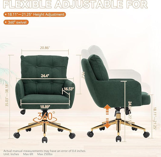 Plush Fabric Office Chair, Comfy Home Office Desk Chairs with Lumbar Support, Modern Plush Fabric Desk Chair Gold Legs Swivel Task Chair for Home Office, Bedroom, Study, Green Upgraded Version