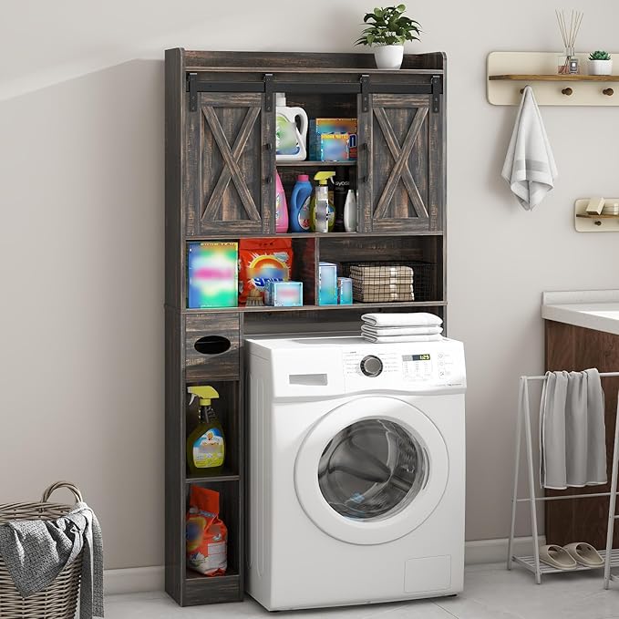 Vabches Over The Toilet Storage Cabinet, Farmhouse Storage Cabinet Over Toilet with Sliding Door& Toilet Paper Holder Stand,Home Space-Saving Toilet Rack, for Bathroom, Laundry and Restroom