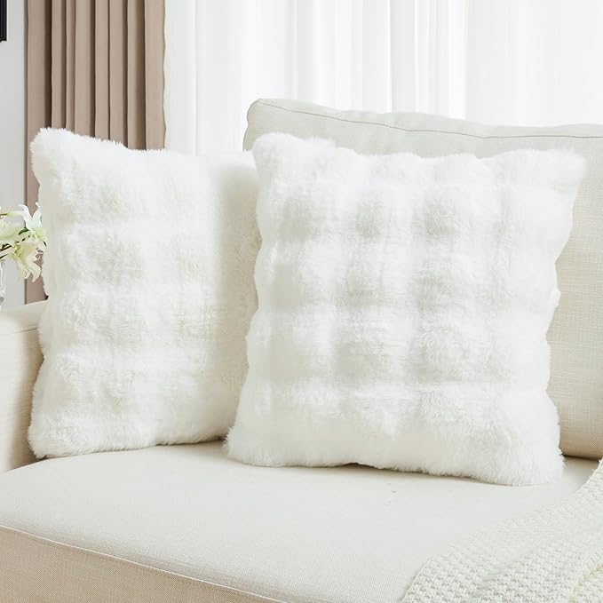 FUTEI Cream White Decorative Throw Pillow Covers 24x24 Inch Set of 2,Soft Fuzzy Faux Rabbit Fur European Cushion Covers with Raised Texture,Neutral Boho Home Decor for Couch Bed Living Room