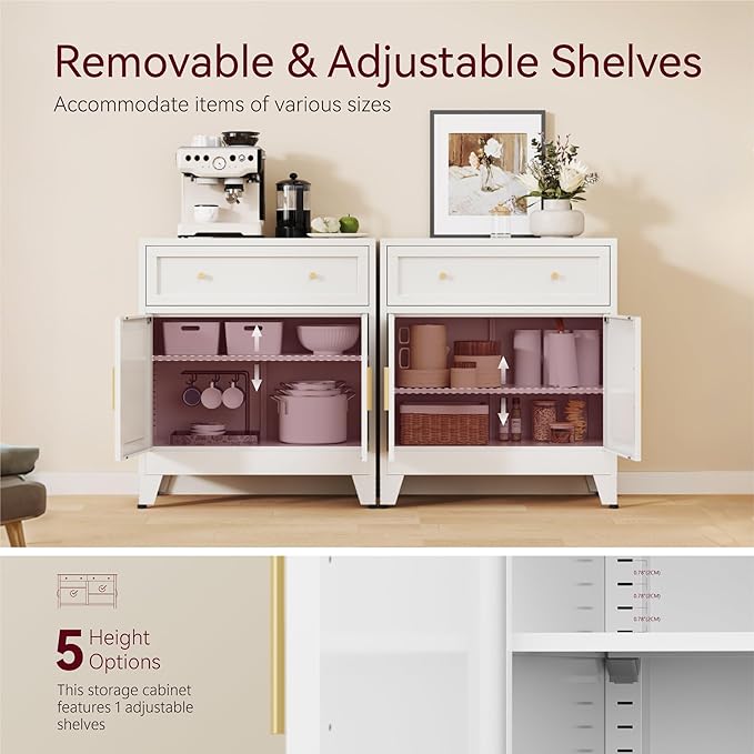 Metal Buffet Cabinet,White Coffee Bar Cabinet,Small Buffet Sideboard Cabinet,Coffee Cabinets with Storage,Short Kitchen Pantry Cabinets for Dining Room,Living Room