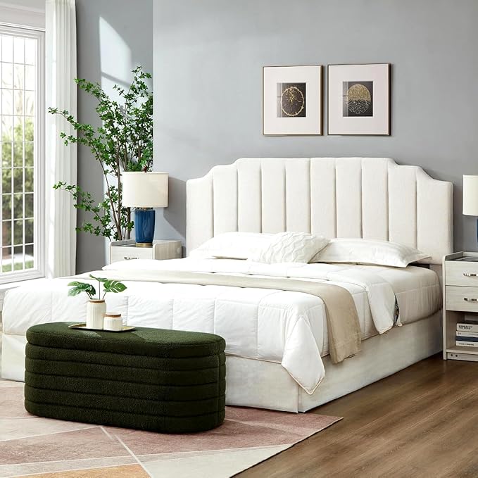24KF White Teddy Fabric Tufted King Upholstered Headboard, Modern Vertical Channel Design California King Headboard with Stepped Silhouette Top Edge,6026-K-Teddy White