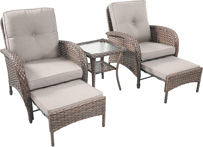 Rilyson 5 Piece Patio Furniture Set - Wicker Balcony Furniture Set with Hidden Ottomans, Rattan Outdoor Patio Chairs with Side Table for Porch Deck Poolside Garden Brown/Beige