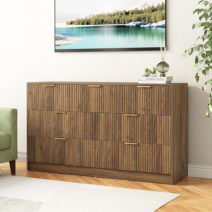 7 Drawers Dresser for Bedroom,55" Wide Fluted Dresser with Deep Drawers, Modern Chest of Drawers, Mid Century Wood TV Stand Storage Organizer for Closet, Living Room, Hallway, Natural