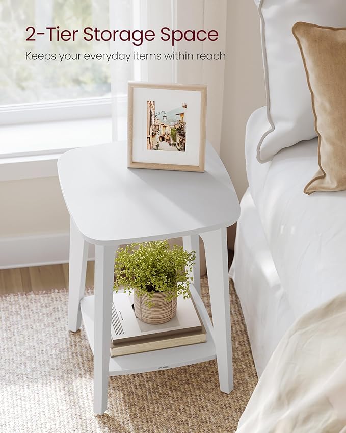 VASAGLE MAEZO Collection - Side Table, 2-Tier Small Square End Table, Nightstand with Tapered Legs, Curved Transitions, for Small Spaces, Living Room, Bedroom, Cloud White ULET236W01