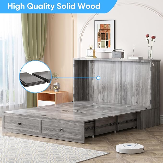 Mjkone Murphy Bed, Cabinet Murphy Bed with Tri-Fold Memory Foam Mattress, Farmhouse Wooden Cabinet Beds with USB Charging Station and 2 Storage Drawers for Bedroom/Office/Guest Room-Gray, Full