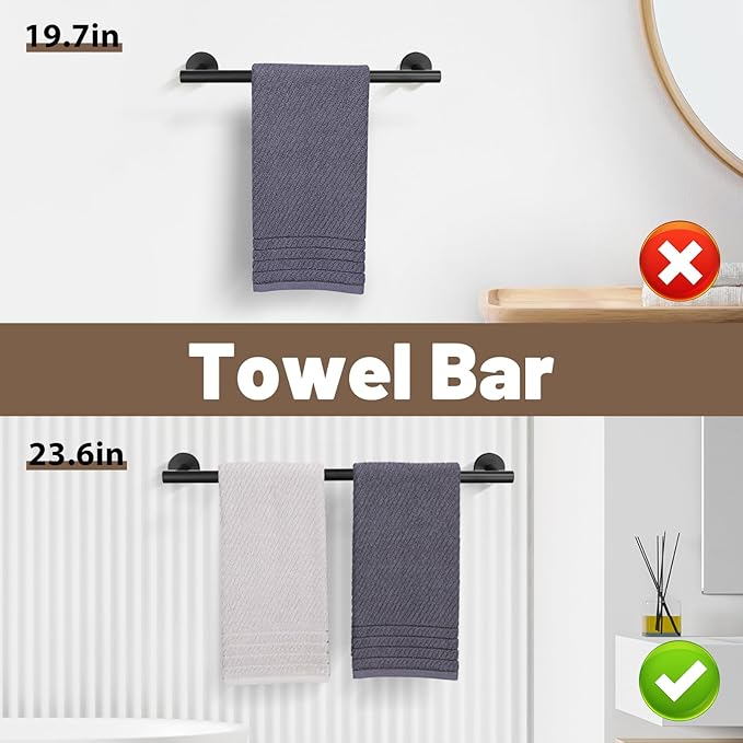 Matte Black Towel Bar Set 10 Pieces Bathroom Hardware Accessories Set Towel Rack Set for Bathroom SUS304 Stainless Steel Toilet Paper Holder Wall Mounted, 23.6 Inch