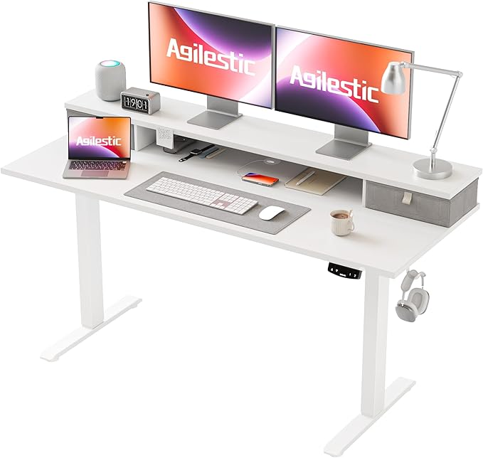 Agilestic 55 x 24 Inches Electric Standing Desk with 2 Storage Drawers, Stand Up Desk Adjustable Height, Sit and Stand Computer Table with Splice Board, White