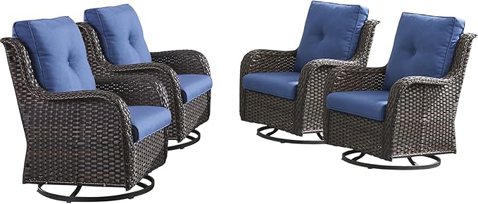 HUMMUH Outdoor Swivel Rocker Wicker Patio Chairs High Back PE Rattan Glider Chairs 4PCS Patio Furniture Set(Brown,Blue)