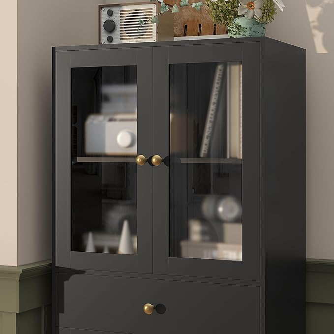 Space-Saving 67 Inch Bathroom Linen Cabinet,Freestanding Tall Storage Tower with Adjustable Shelves & Glass Doors for Bathroom, Kitchen, Hallway Organization (Black)
