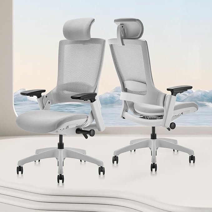CLATINA Ergonomic High Swivel Executive Chair with Adjustable Height Head 3D Arm Rest Lumbar Support and Upholstered Back for Home Office Studio, Gray Mesh, 2 Pack