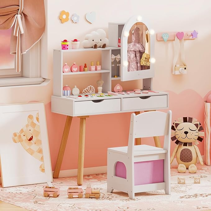 Costzon Kids Vanity with Lights, Girls Vanity Set with Mirror Cabinet, Storage Drawers, Hooks & Shelves, Toddler Makeup Vanity Desk Dressing Table, Wooden Kids Vanity Table and Chair Set (White)