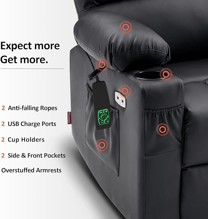 MCombo Medium Lay Flat Dual Motor Power Lift Recliner Chair Sofa with Massage and Heat for Elderly People, Infinite Position, Faux Leather 7679 (Black, Medium)