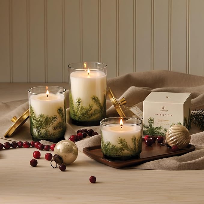 Thymes Frasier Fir Candle - Heritage Pine Needle Luminary Scented Candles - Elegant Pine Candle - Crisp Siberian Fir, Cedarwood & Sandalwood - Holiday Candles - Christmas Decor (Small, 7.5 oz)