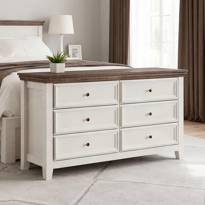BLANKSPACE 6 Drawer Dresser, Modern Dresser for Bedroom, Wood Drawer Organizer with Metal Knobs, Large Capacity Cabinet for Bedroom, Antique White