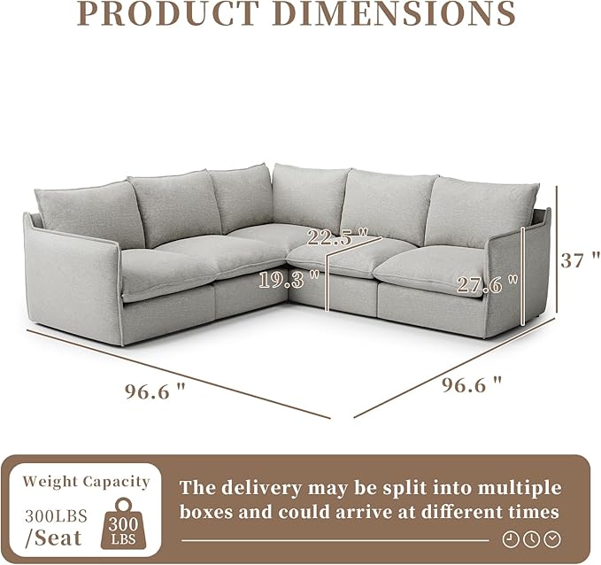 Waterproof Cloud Sectional Sofa for Living Room,High Backrest Down Filled Couch,5 Seater Oversized Modular V-Shaped Couches,Detachable Couch Covers,Light Grey