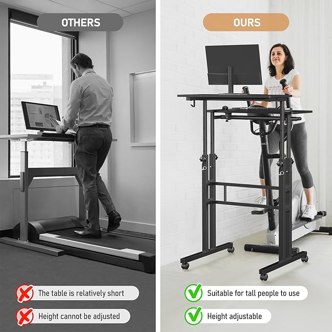 Small Standing Desk with Wheels, Tall Mobile Stand Up Table, Portable Standing Desk for Walking Pad, Rolling Table Adjustable Height, Rolling Computer Table for Tall Person
