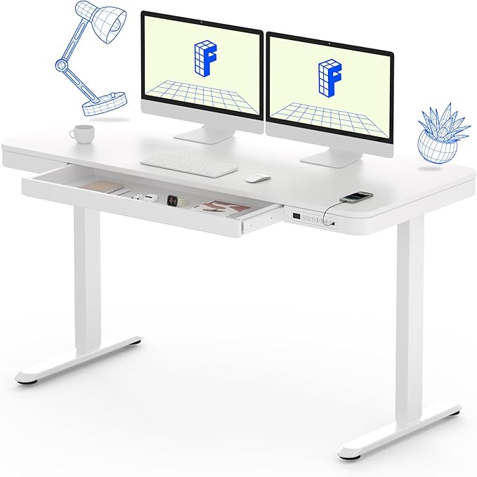 FLEXISPOT 55" White Electric Standing Desk with Drawers, Quick Assembly Home Office Sit Stand Desk with Storage, USB Charging, Computer Desk for Home Office (White Top + Adjustable Frame, Comhar)