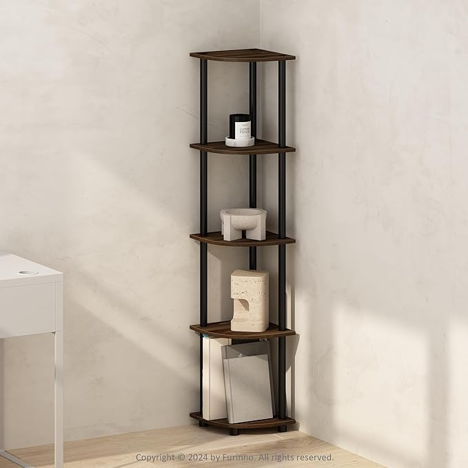 Furinno Turn-N-Tube Corner Shelf, 5-Tier Corner Display Rack, Shelving Unit, for Organization and Storage, Living Room, Home Office, Garage, Bedroom, Columbia Walnut