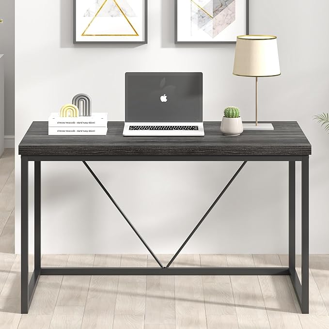 FOLUBAN Home Office Desk, Industrial Vintage Computer Desks, Rustic Wood and Metal Study Writing Table, Simple Work Gaming PC Desk for Bedroom Living Room, Dark Gray 47 Inch