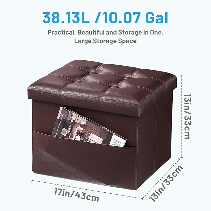 Storage Ottoman Foot Rest Stool, Small Leather Storage Ottomans Bench, Folding Footstool with Side Pockets, Foot Rest Under Desk for Living Room Bedroom, 17x13x13 in, Brown