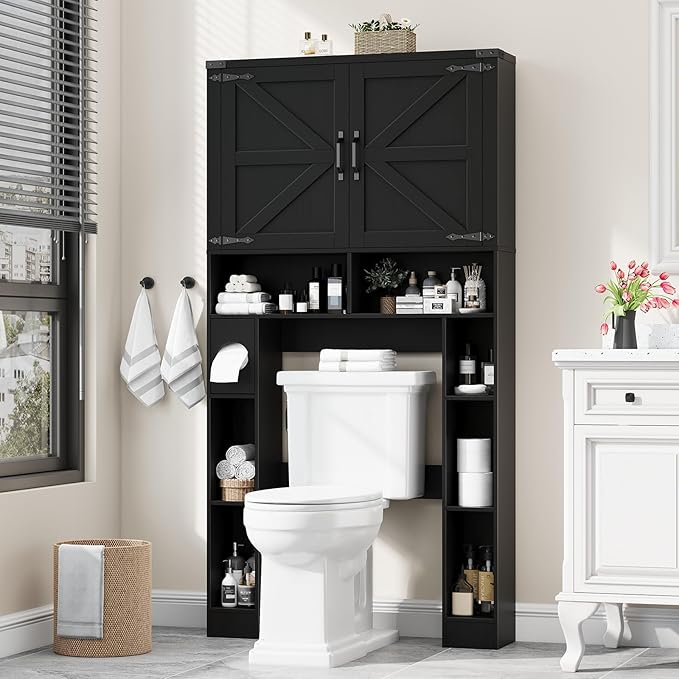 Vabches Over The Toilet Storage Cabinet, Farmhouse Storage Cabinet Over Toilet with 2 Barn Doors ,Toilet Paper Holder Stand,Home Space-Saving Toilet Rack, for Laundry, Restroom, Bathroom.Black.