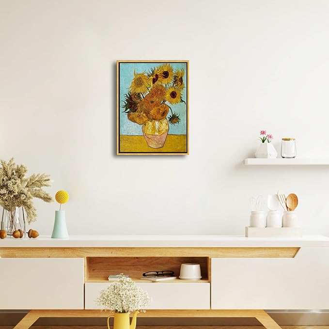 Wieco Art Framed Wall Art of Sunflower by Vincent Van Gogh Paintings Reproduction Abstract Canvas Prints for Home Living Room Decorations Bronze Gold Frame