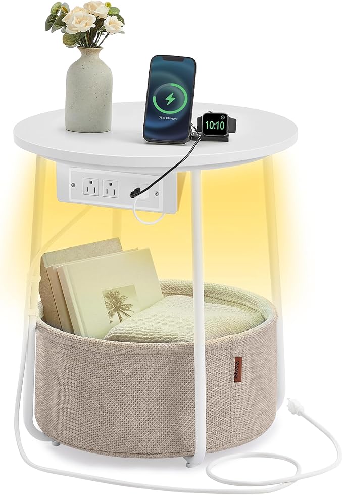 VASAGLE LILEA Collection - Side Table with Charging Station, Round End Table with Fabric Basket, LED Nightstand with USB Ports, Modern, for Living Room, Matte White and Camel Brown ULET227W01