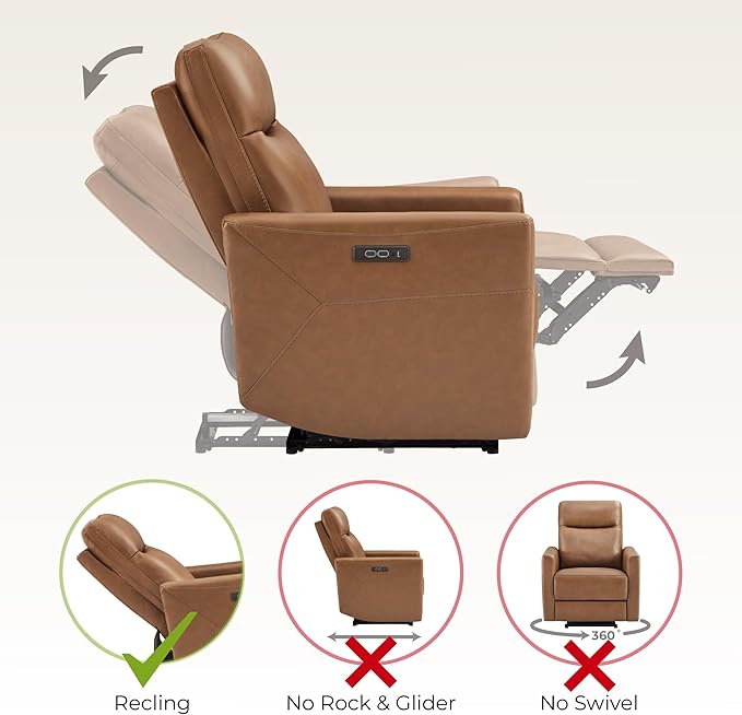 CHITA Genuine Leather Power Recliner Chair for Adults, Electric Wall Hugger Recliner for Small Spaces, Modern Living Room and RV Recliner Chair with Adjustable Power Headrest & Charging Ports, Brown
