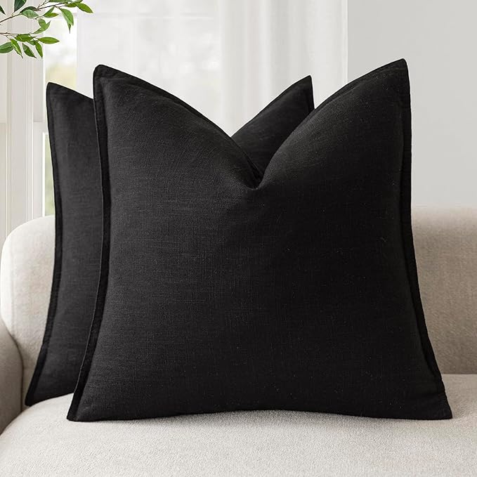 Foindtower Pack of 2, Decorative Linen Soild Throw Pillow Covers Soft Accent Cushion Case Boho Farmhouse Neutral Pillowcase for Chair Couch Sofa Bedroom Living Room Home Decor 20 x 20 Inch Black