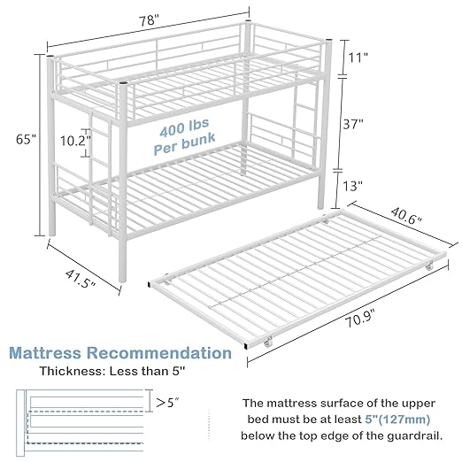 VECELO Twin Over Twin Bunk Bed with Trundle, Metal Bunkbeds with Ladder and Full-Length Guardrail, Noise Free, No Box Spring Needed, Off White