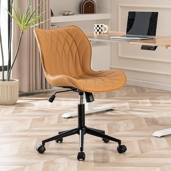 YOUNUOKE Armless Desk Chair Comfy Office Chair with Wheels Home Ergonomic Task Chair Adjustable Computer Chairs Modern Faux Leather Swivel Chair Upholstered Makeup Vanity Chair with Back(Camel)