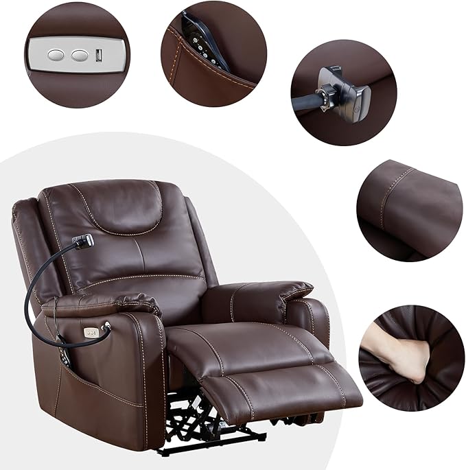 Zero Gravity Power Recliner Chairs for Adults 139°Single Sofa Chair Massage and Lumbar Heating with USB Port, Phone Holder, Side Pocket, Eco Leather(Brown)