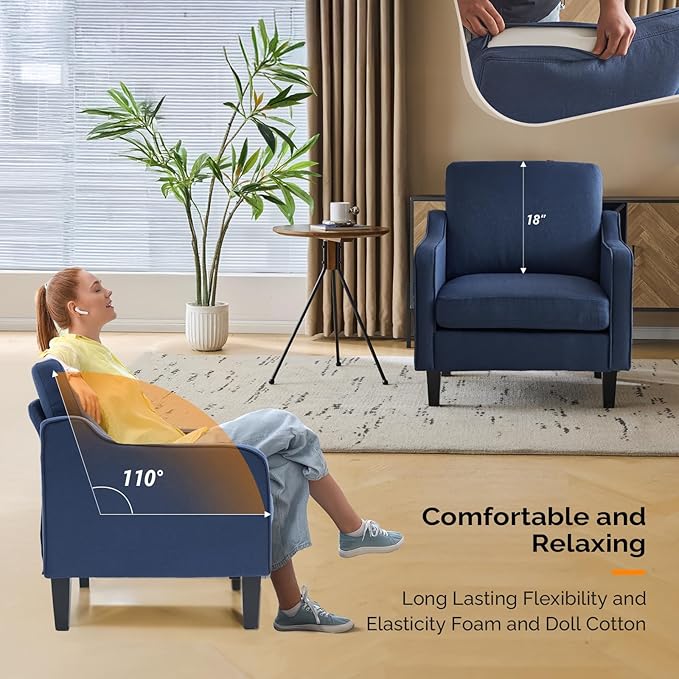 VINGLI Modern Accent Chairs Set of 2, Blue Living Room Chairs Comfy Armchair for Bedroom, Upholstered Sofa Chair Reading Chair for Small Spaces, Apartment, Waiting Room